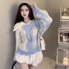 Two-tone Panel Plaid Sweater Blue & White - One Size