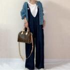 Wide Leg Denim Dungaree Pants Dark Blue - One Size
