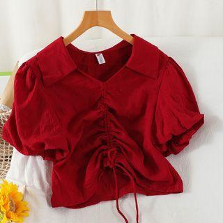 Puff-sleeve Collared Drawstring Blouse