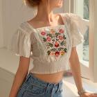Short-sleeve Floral Embroidered Lace Trim Crop Top