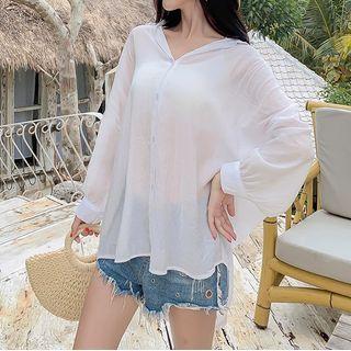 Long-sleeve Sheer Open-collar Shirt White - One Size