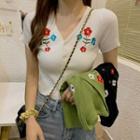 Short-sleeve Floral Embroidered Button-up Knit Top