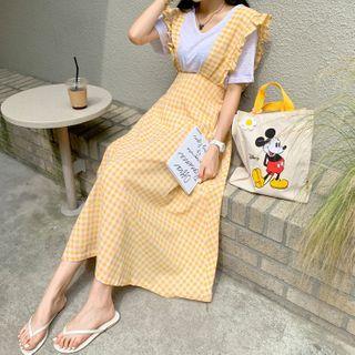 Frilled-strap Gingham Long Suspender Dress