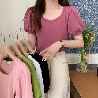 Puff-sleeve Round-neck Plain T-shirt