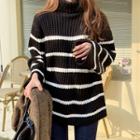Turtle-neck Striped Rib-knit Top