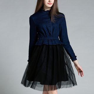 Mesh Trim Long Sleeve Denim Dress