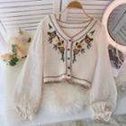 Embroidered Flower Knit Panel Lace Puff-sleeve Top