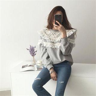 Lace-panel Pleated-trim Pullover