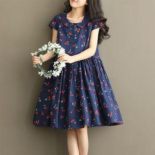 Cap-sleeve Fruit Pattern A-line Dress