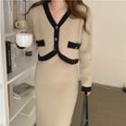 Set: Contrast Trim Cardigan + Spaghetti-strap Midi Sheath Dress