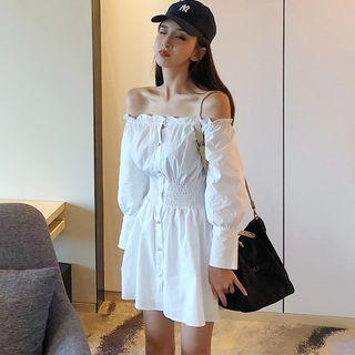 Off-shoulder Long-sleeve Shirt Dress White - One Size