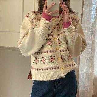 Long-sleeve Frill Trim Jacquard Cardigan / Long-sleeve Plain Top