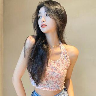 Halter Floral Crop Tank Top Pink - One Size