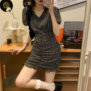 Puff-sleeve Ruffled Dotted Slim Fit Dress