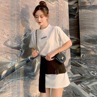 Set: Short-sleeve Mini T-shirt Dress + Mini Asymmetric Skirt