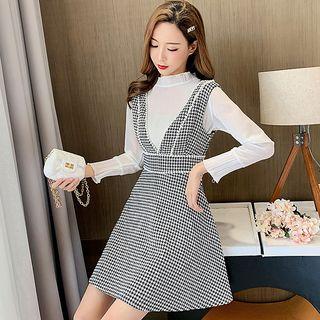 Set: Frilled Trim Blouse + Houndstooth Sleeveless A-line Dress