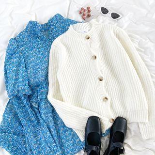 Long-sleeve Floral Printed Midi Dress / Plain Knit Cardigan