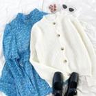 Long-sleeve Floral Printed Midi Dress / Plain Knit Cardigan