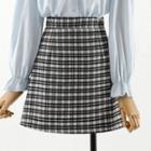 Puff-sleeve Ruffle Trim Blouse / Plaid A-line Skirt