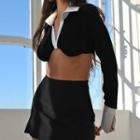 Two-tone Long-sleeve Crop Blouse