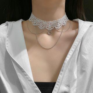 Heart Pendant Lace Choker 1 Pc - Silver - One Size