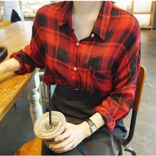 Long-sleeved Gingham Sheath Blouse