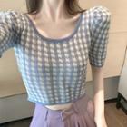 Plaid Short-sleeve Knit Top Blue - One Size