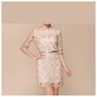 Embroidered Elbow-sleeve Sheath Dress