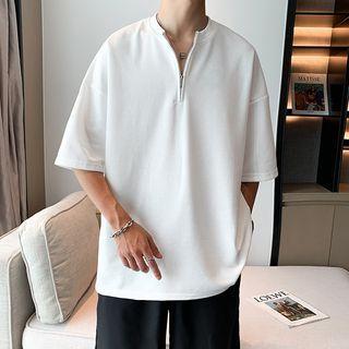 Short-sleeve Half-zip Plain T-shirt