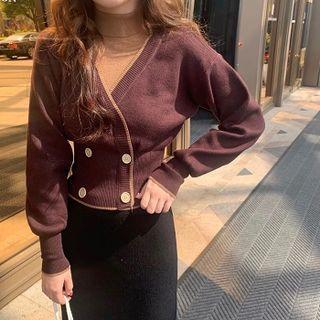 Mock Two-piece Mock-neck Color-block Long-sleeve Knit Top