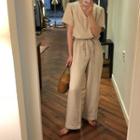 Set: Plain Short Sleeve V-neck Top + Straight Cut Pants