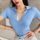 Short-sleeve V-neck Plain Ribbed Slim-fit Top