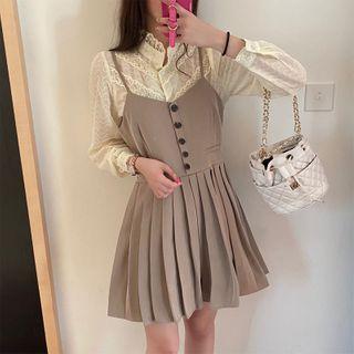 Plain Blazer / Lace-trim Blouse / Pleated Mini A-line Overall Dress