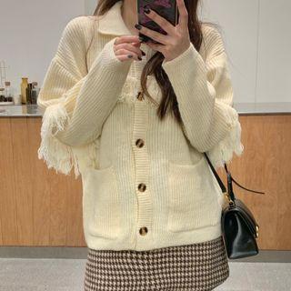 Long-sleeve Fringed Plain Knit Top Almond - One Size