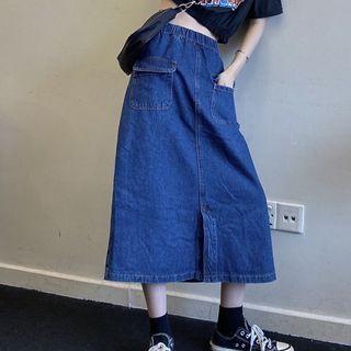 Flap-pocket Slit Denim Midi A-line Skirt As Shown In Figure - One Size
