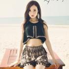 Set: Embroidered Trim Bikini + Tasseled Shorts