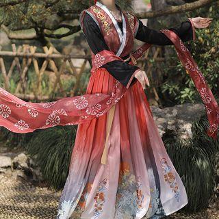 Chinese Hanfu Set Of 3: Embroidered Sleeveless Coat + Long-sleeve Top + Print Semi-body Maxi Dress