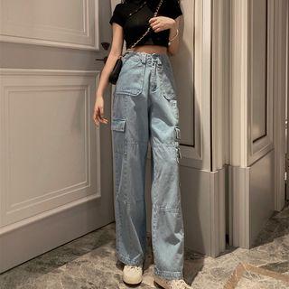 Washed Wide Leg Cargo Jeans