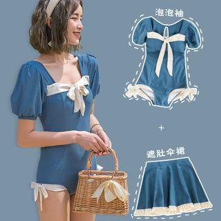 Puff-sleeve Ribbon Swimsuit / Swim Skirt / Set