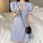 Puff-sleeve Tie-strap Cutout Mini A-line Dress