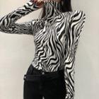 Long-sleeve Turtleneck Zebra Print Top Black & White - One Size