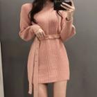 Ribbed Knit Sweater Dress With Sash