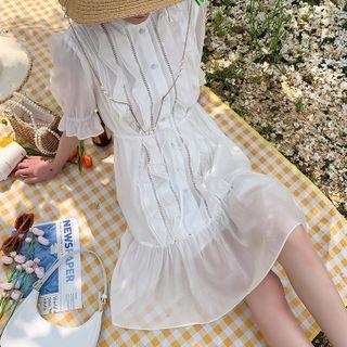 Short-sleeve Ruffle Trim Plain Dress