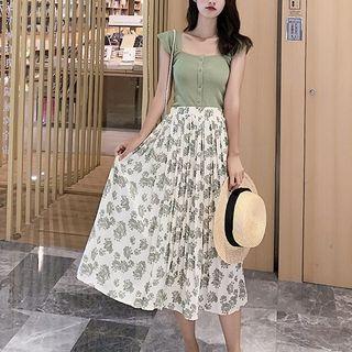 Set: Cap-sleeve Top + Floral Midi Skirt