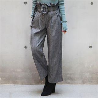 Paperbag-waist Herringbone Pants With Belt Black - One Size