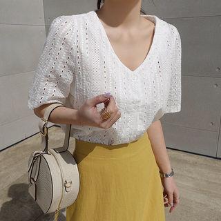 Plunge-neck Eyelet Lace Blouse Ivory - One Size