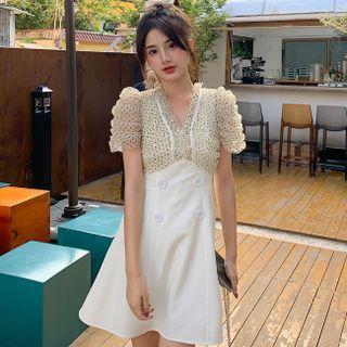 Puff-sleeve Button-up Mesh Panel Mini A-line Dress Almond - One Size