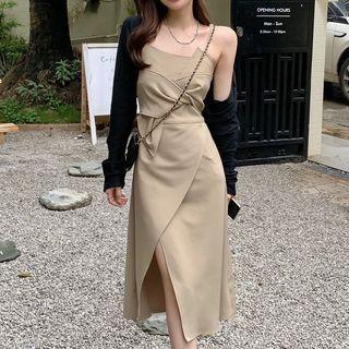 Plain Cardigan / Spaghetti Strap Side-slit Midi Sheath Dress