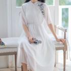 Traditional Chinese Elbow-sleeve Embroidered Floral A-line Midi Chiffon Dress