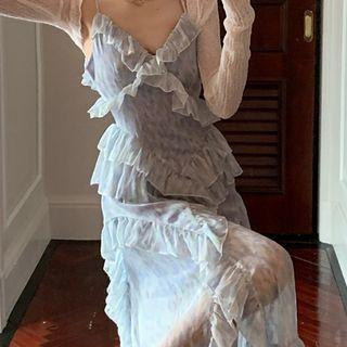 Spaghetti Strap Ruffle Maxi Dress / Sheer Cardigan
